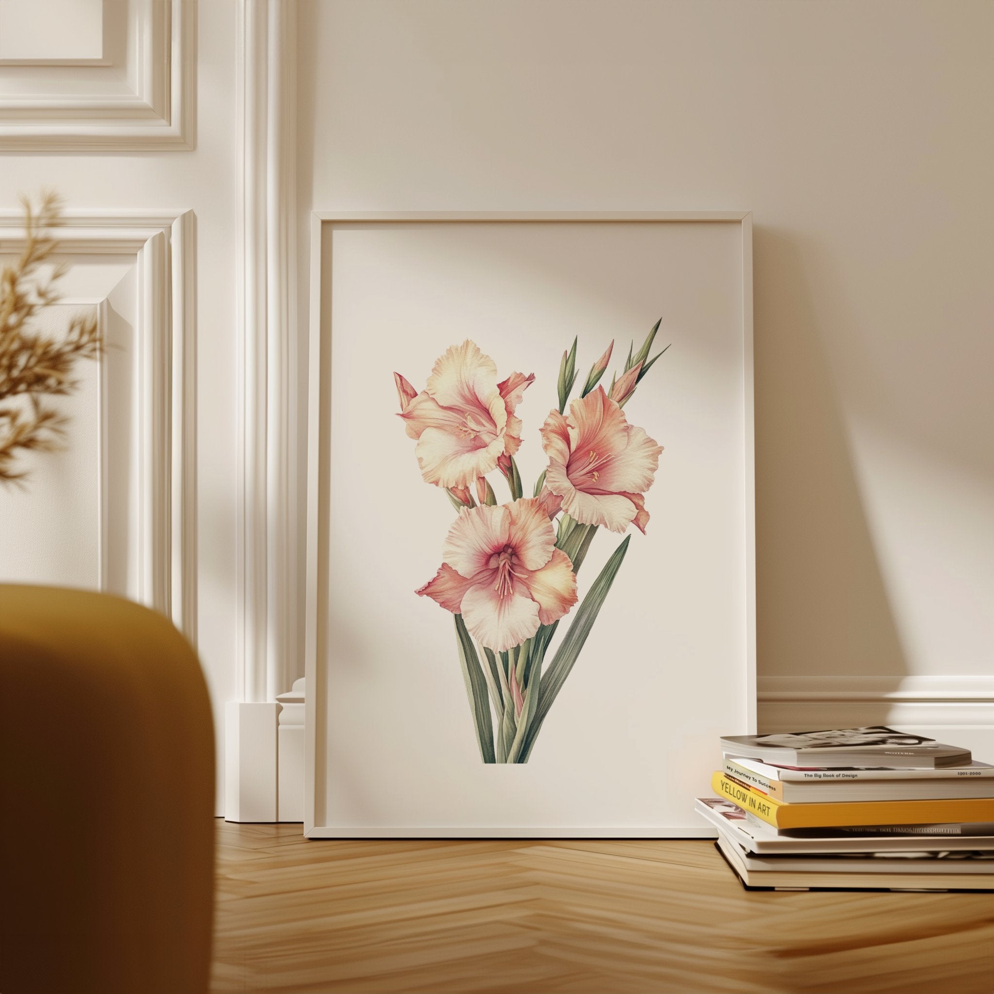 Delicate gladiolus flowers in soft peach and sage green tones against a crisp white background, framed by rustic wood elements, creating a serene minimalist botanical illustration perfect for tranquil spaces.