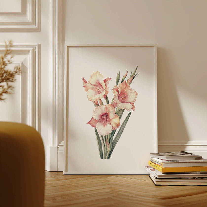 Delicate gladiolus flowers in soft peach and sage green tones against a crisp white background, framed by rustic wood elements, creating a serene minimalist botanical illustration perfect for tranquil spaces.