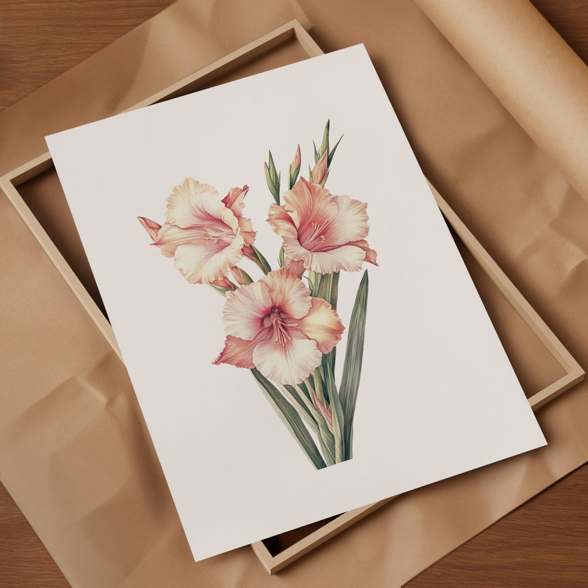 Delicate gladiolus flowers in soft peach and sage green tones against a crisp white background, framed by rustic wood elements, creating a serene minimalist botanical illustration perfect for tranquil spaces.