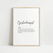 Elegant monochrome typography print featuring 'Gastroenterologist' in bold script with a poetic definition against white space, creating a sophisticated professional decor piece for medical settings.
