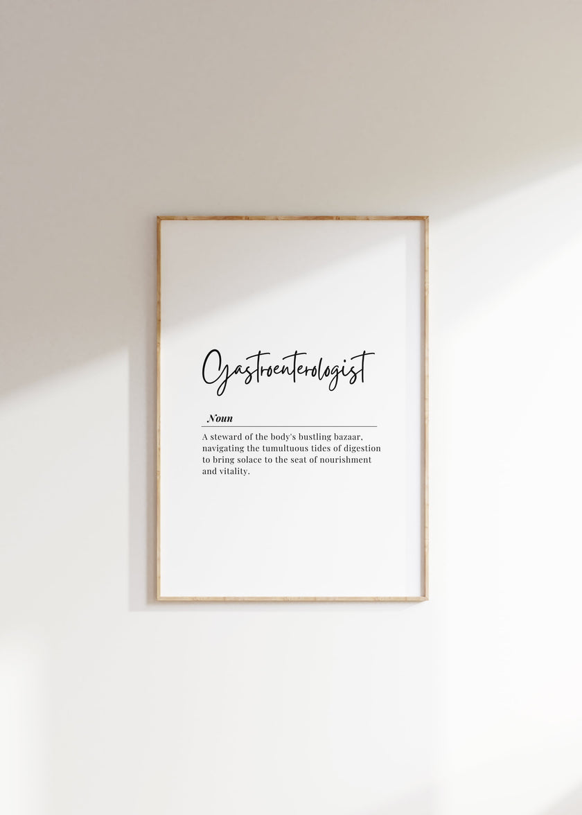 Elegant monochrome typography print featuring 'Gastroenterologist' in bold script with a poetic definition against white space, creating a sophisticated professional decor piece for medical settings.