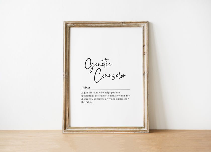 Minimalist monochrome genetic counselor definition print featuring elegant typography with script and serif fonts on white background, conveying professionalism and inspiration for medical spaces.