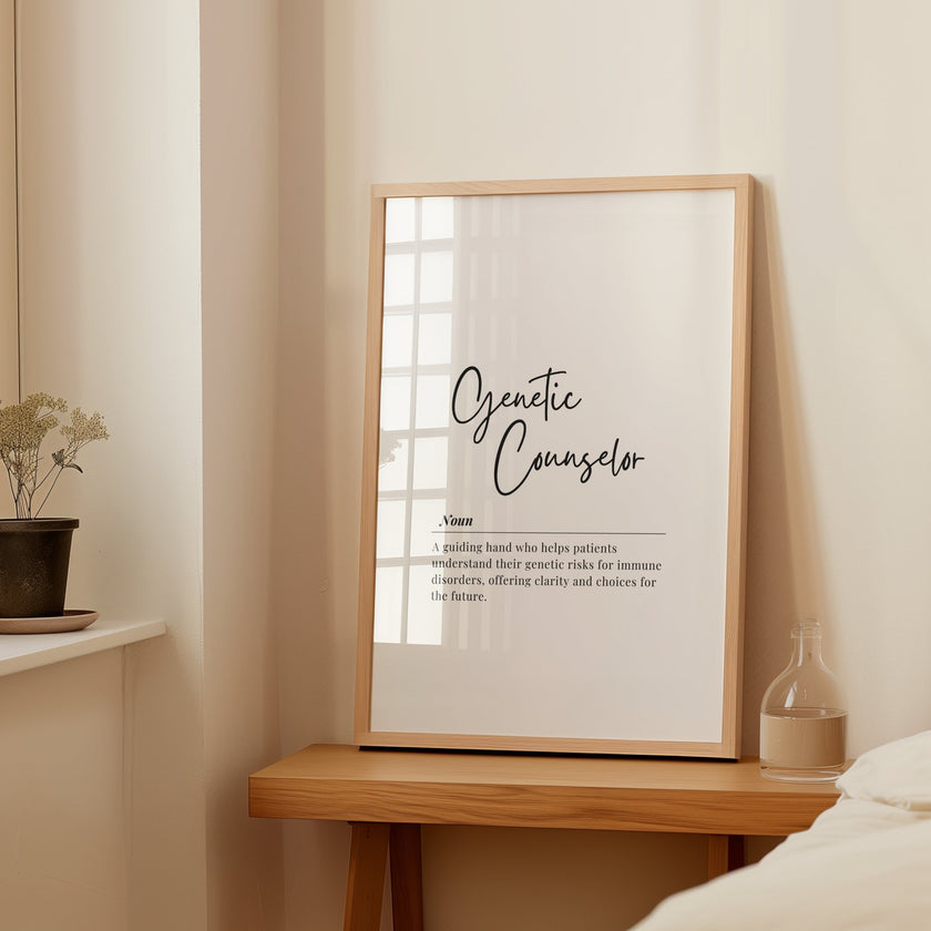 Minimalist monochrome genetic counselor definition print featuring elegant typography with script and serif fonts on white background, conveying professionalism and inspiration for medical spaces.