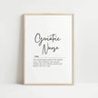 Minimalist typography wall art featuring 'Geriatric Nurse' in elegant script font with a professional definition beneath on clean white background, creating a calming and inspirational healthcare decor piece.