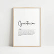 Minimalist monochromatic print featuring 'Geriatrician' definition in elegant script and serif typography against a clean white background, conveying wisdom and compassion for elder care professionals.