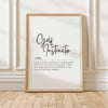 Elegant black typography on white background featuring Golf Instructor definition in sophisticated script and serif fonts for office decor