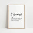 Minimalist black typography print featuring gynecologist definition in elegant script and serif fonts on clean white background for medical office decor