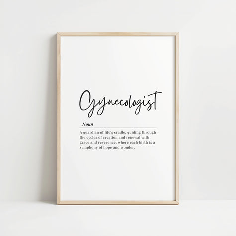Minimalist black typography print featuring gynecologist definition in elegant script and serif fonts on clean white background for medical office decor