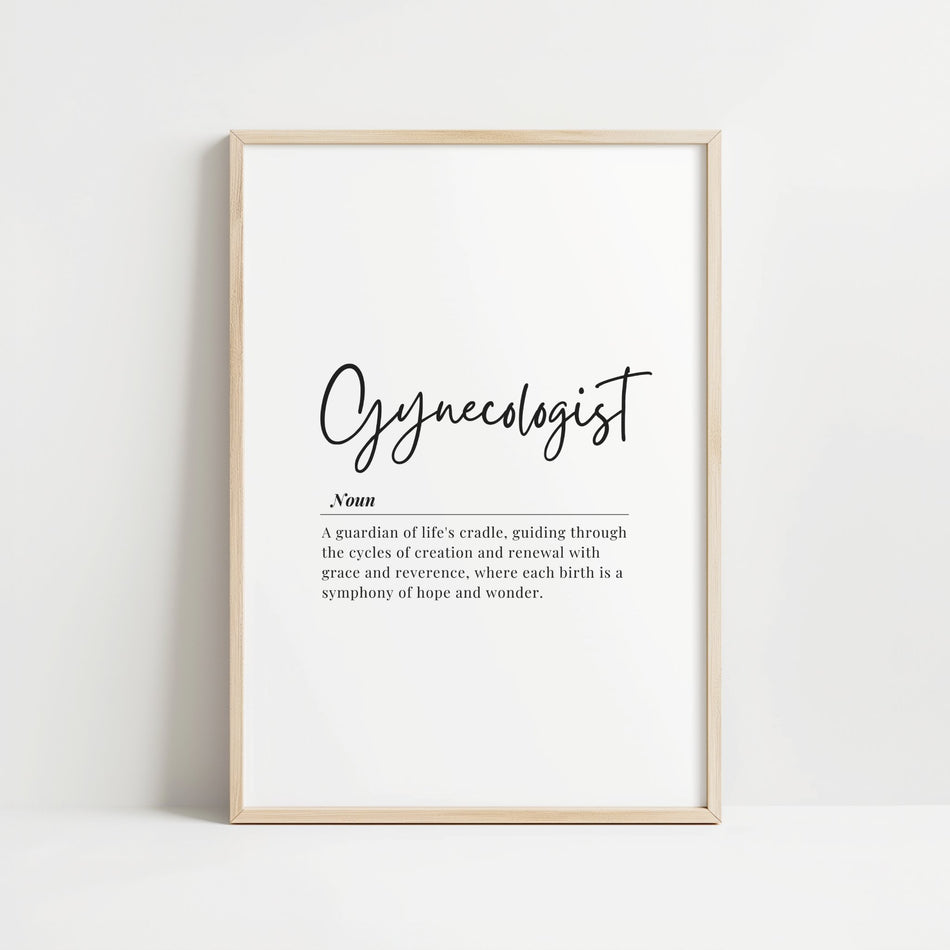 Minimalist black typography print featuring gynecologist definition in elegant script and serif fonts on clean white background for medical office decor