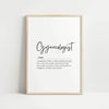 Minimalist black typography print featuring gynecologist definition in elegant script and serif fonts on clean white background for medical office decor