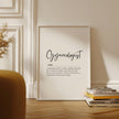 Minimalist black typography print featuring gynecologist definition in elegant script and serif fonts on clean white background for medical office decor