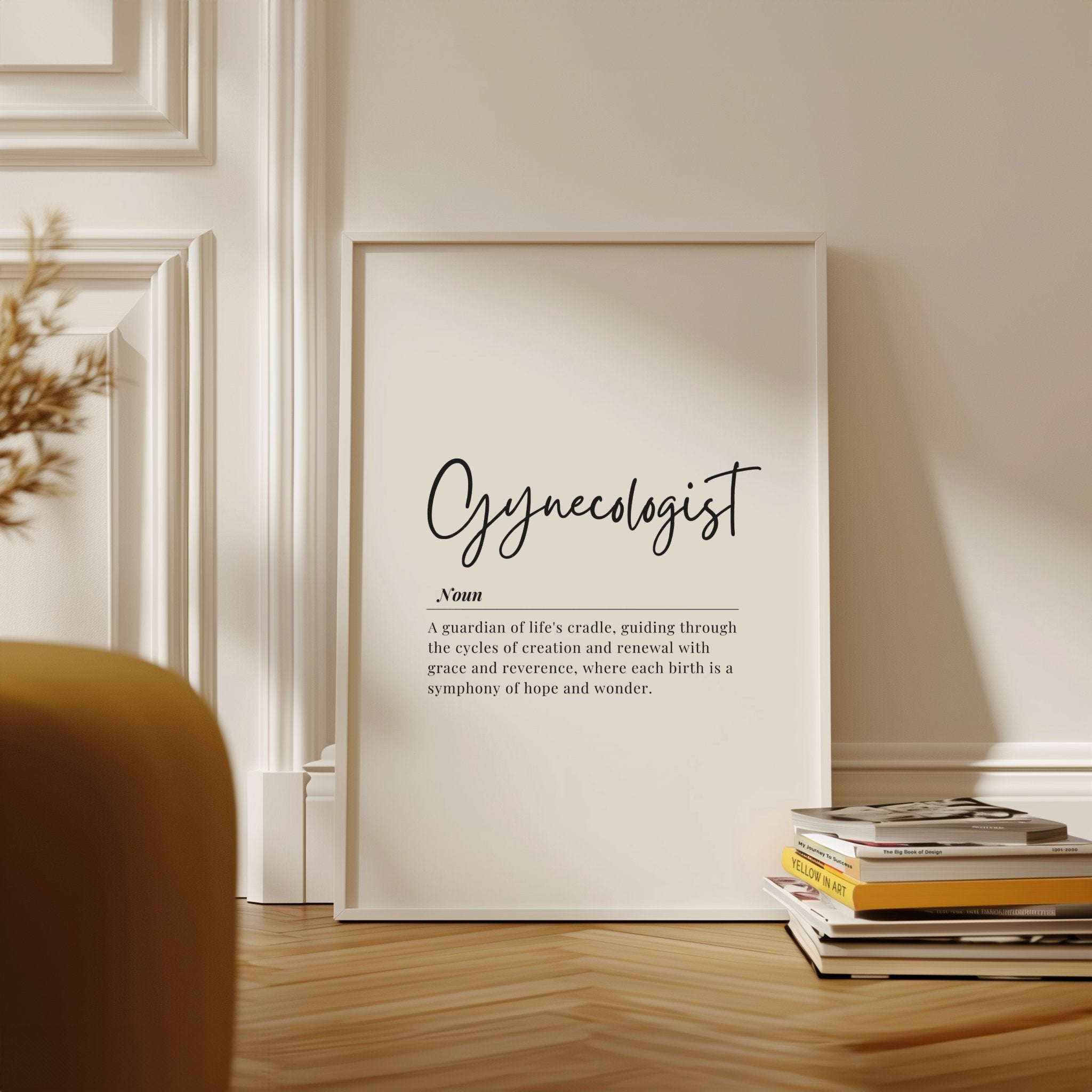 Minimalist black typography print featuring gynecologist definition in elegant script and serif fonts on clean white background for medical office decor