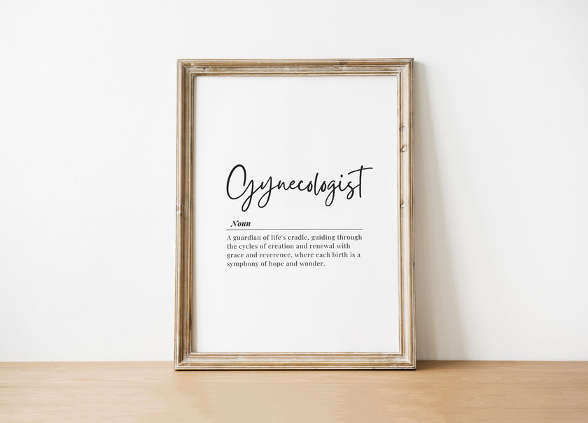 Minimalist black typography print featuring gynecologist definition in elegant script and serif fonts on clean white background for medical office decor
