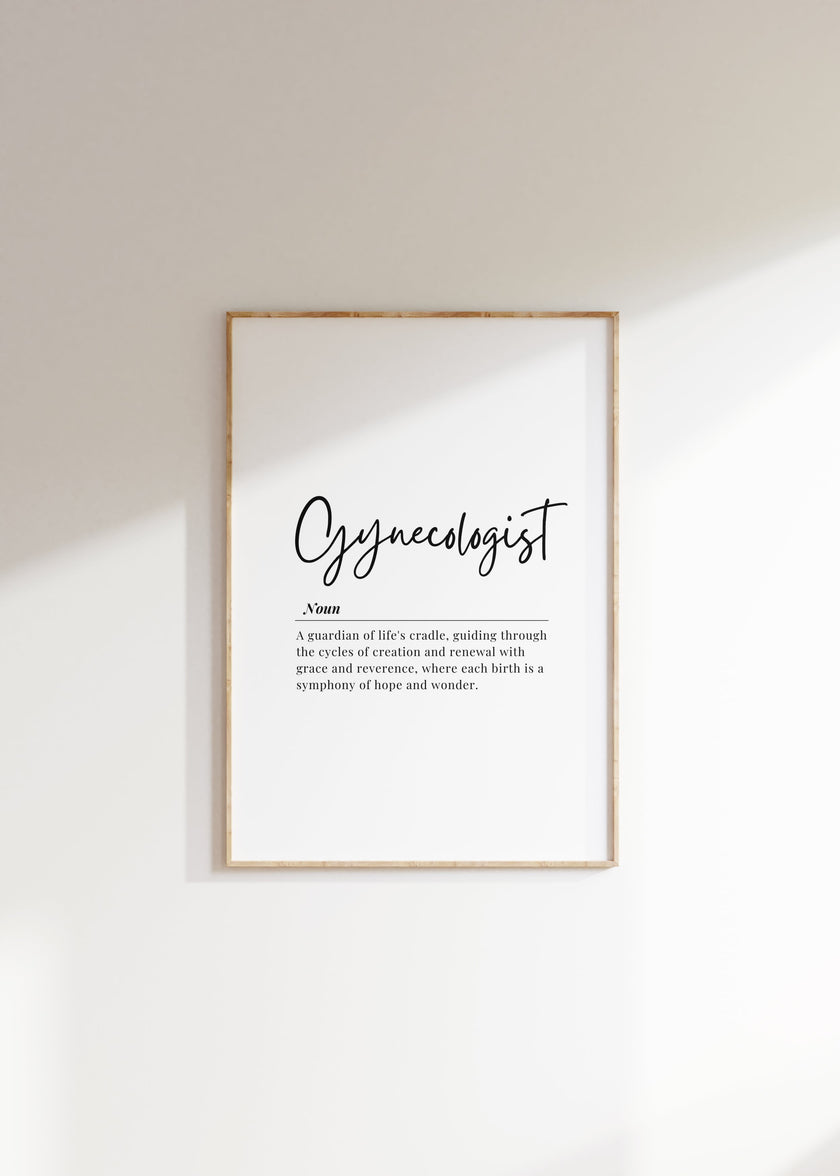 Minimalist black typography print featuring gynecologist definition in elegant script and serif fonts on clean white background for medical office decor