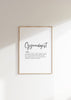 Minimalist black typography print featuring gynecologist definition in elegant script and serif fonts on clean white background for medical office decor
