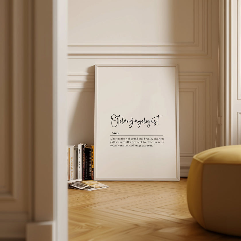 Minimalist black and white typography print featuring otolaryngologist definition with elegant serif font on pristine white background