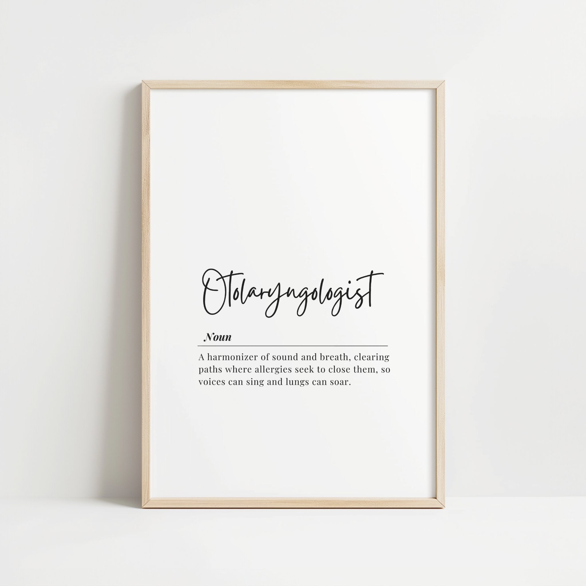 Minimalist black and white typography print featuring otolaryngologist definition with elegant serif font on pristine white background