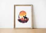 Dramatic cowboy silhouette against vibrant sunset with fiery oranges and deep crimsons, featuring desert cacti and rugged landscape, evoking Wild West nostalgia in minimalist watercolor style.