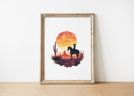 Dramatic cowboy silhouette against vibrant sunset with fiery oranges and deep crimsons, featuring desert cacti and rugged landscape, evoking Wild West nostalgia in minimalist watercolor style.