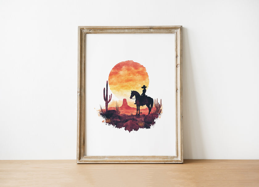 Dramatic cowboy silhouette against vibrant sunset with fiery oranges and deep crimsons, featuring desert cacti and rugged landscape, evoking Wild West nostalgia in minimalist watercolor style.