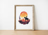 Dramatic cowboy silhouette against vibrant sunset with fiery oranges and deep crimsons, featuring desert cacti and rugged landscape, evoking Wild West nostalgia in minimalist watercolor style.