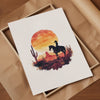Dramatic cowboy silhouette against vibrant sunset with fiery oranges and deep crimsons, featuring desert cacti and rugged landscape, evoking Wild West nostalgia in minimalist watercolor style.