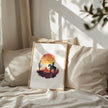 Dramatic cowboy silhouette against vibrant sunset with fiery oranges and deep crimsons, featuring desert cacti and rugged landscape, evoking Wild West nostalgia in minimalist watercolor style.