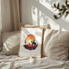 Dramatic cowboy silhouette against vibrant sunset with fiery oranges and deep crimsons, featuring desert cacti and rugged landscape, evoking Wild West nostalgia in minimalist watercolor style.