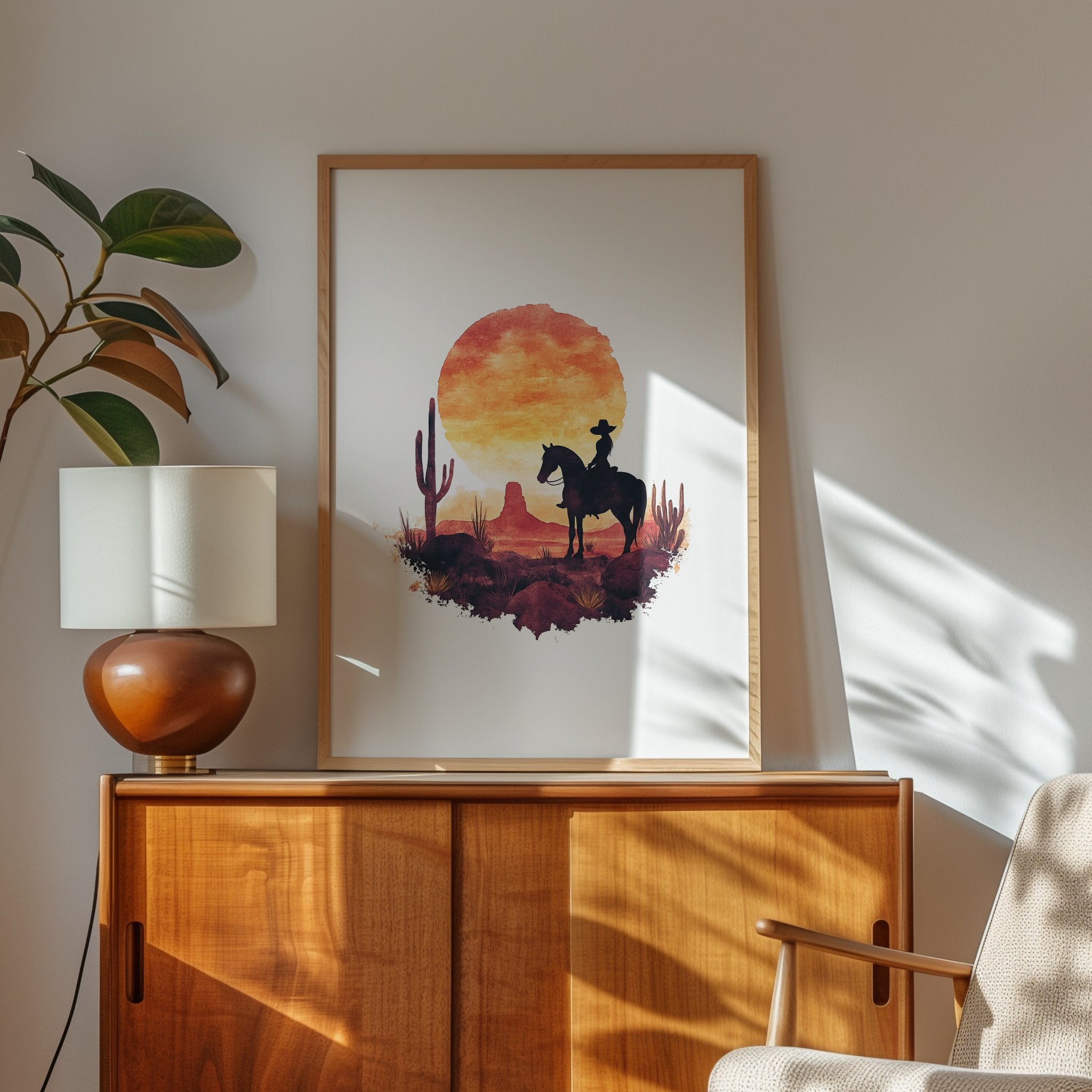Dramatic cowboy silhouette against vibrant sunset with fiery oranges and deep crimsons, featuring desert cacti and rugged landscape, evoking Wild West nostalgia in minimalist watercolor style.