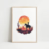 Dramatic cowboy silhouette against vibrant sunset with fiery oranges and deep crimsons, featuring desert cacti and rugged landscape, evoking Wild West nostalgia in minimalist watercolor style.