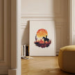Dramatic cowboy silhouette against vibrant sunset with fiery oranges and deep crimsons, featuring desert cacti and rugged landscape, evoking Wild West nostalgia in minimalist watercolor style.