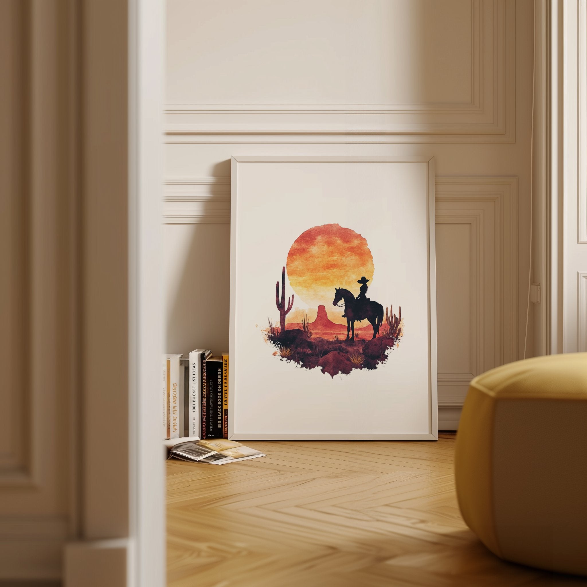 Dramatic cowboy silhouette against vibrant sunset with fiery oranges and deep crimsons, featuring desert cacti and rugged landscape, evoking Wild West nostalgia in minimalist watercolor style.