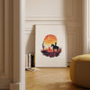 Dramatic cowboy silhouette against vibrant sunset with fiery oranges and deep crimsons, featuring desert cacti and rugged landscape, evoking Wild West nostalgia in minimalist watercolor style.