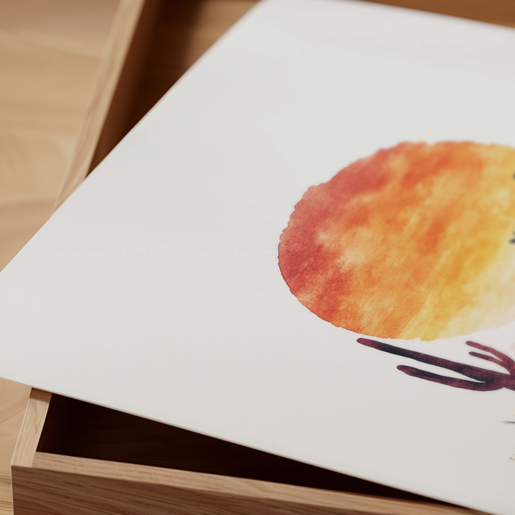 Dramatic cowboy silhouette against vibrant sunset with fiery oranges and deep crimsons, featuring desert cacti and rugged landscape, evoking Wild West nostalgia in minimalist watercolor style.