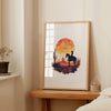 Dramatic cowboy silhouette against vibrant sunset with fiery oranges and deep crimsons, featuring desert cacti and rugged landscape, evoking Wild West nostalgia in minimalist watercolor style.