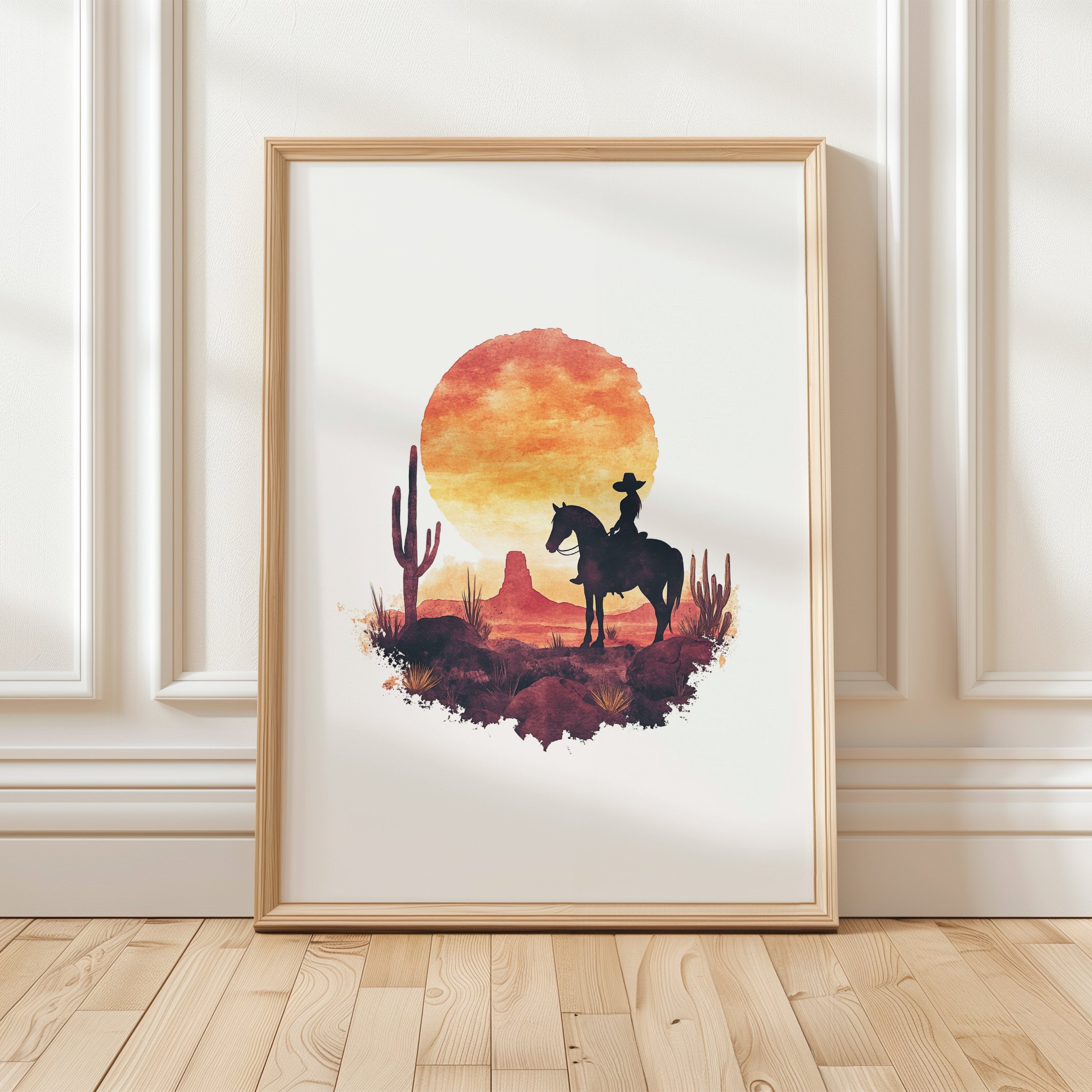 Dramatic cowboy silhouette against vibrant sunset with fiery oranges and deep crimsons, featuring desert cacti and rugged landscape, evoking Wild West nostalgia in minimalist watercolor style.