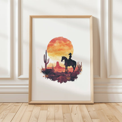 Dramatic cowboy silhouette against vibrant sunset with fiery oranges and deep crimsons, featuring desert cacti and rugged landscape, evoking Wild West nostalgia in minimalist watercolor style.