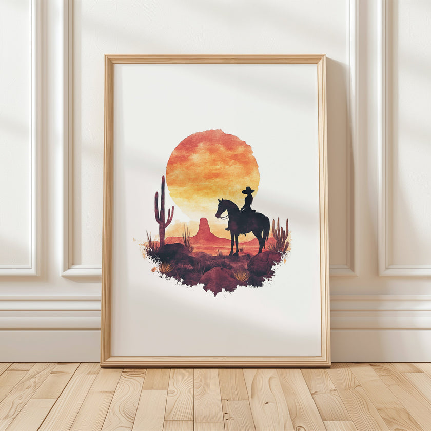 Dramatic cowboy silhouette against vibrant sunset with fiery oranges and deep crimsons, featuring desert cacti and rugged landscape, evoking Wild West nostalgia in minimalist watercolor style.