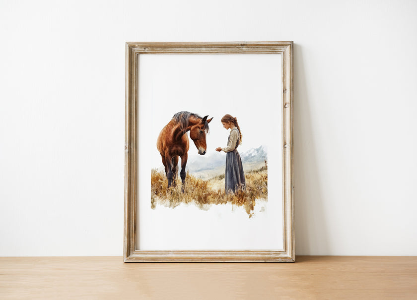 Serene vintage print of girl with horse in warm earth tones and sage greens, showcasing gentle interaction against white background with rustic wooden frame for farmhouse living spaces.
