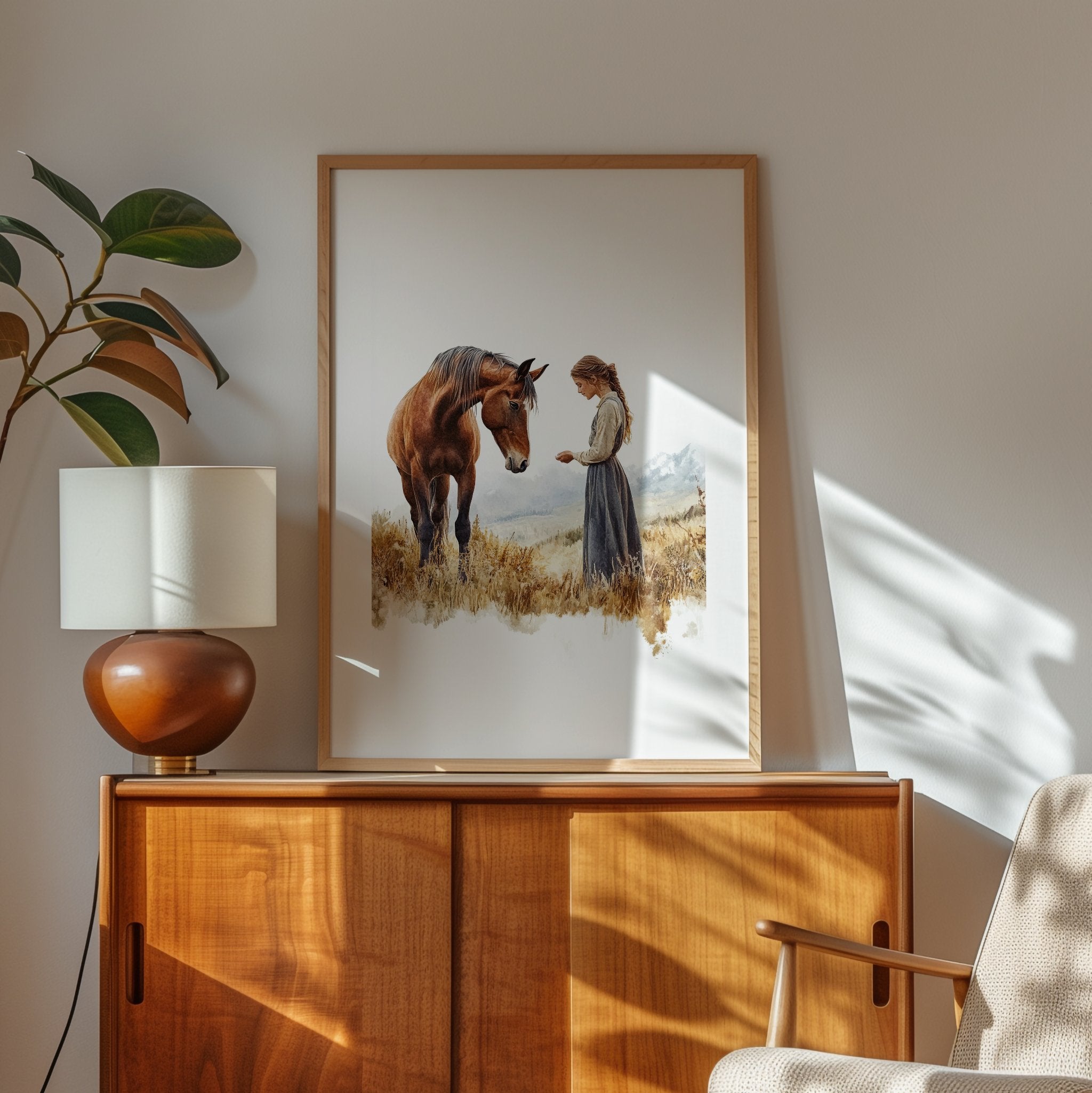 Serene vintage print of girl with horse in warm earth tones and sage greens, showcasing gentle interaction against white background with rustic wooden frame for farmhouse living spaces.