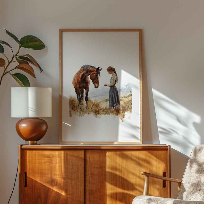 Serene vintage print of girl with horse in warm earth tones and sage greens, showcasing gentle interaction against white background with rustic wooden frame for farmhouse living spaces.
