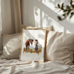 Serene vintage print of girl with horse in warm earth tones and sage greens, showcasing gentle interaction against white background with rustic wooden frame for farmhouse living spaces.