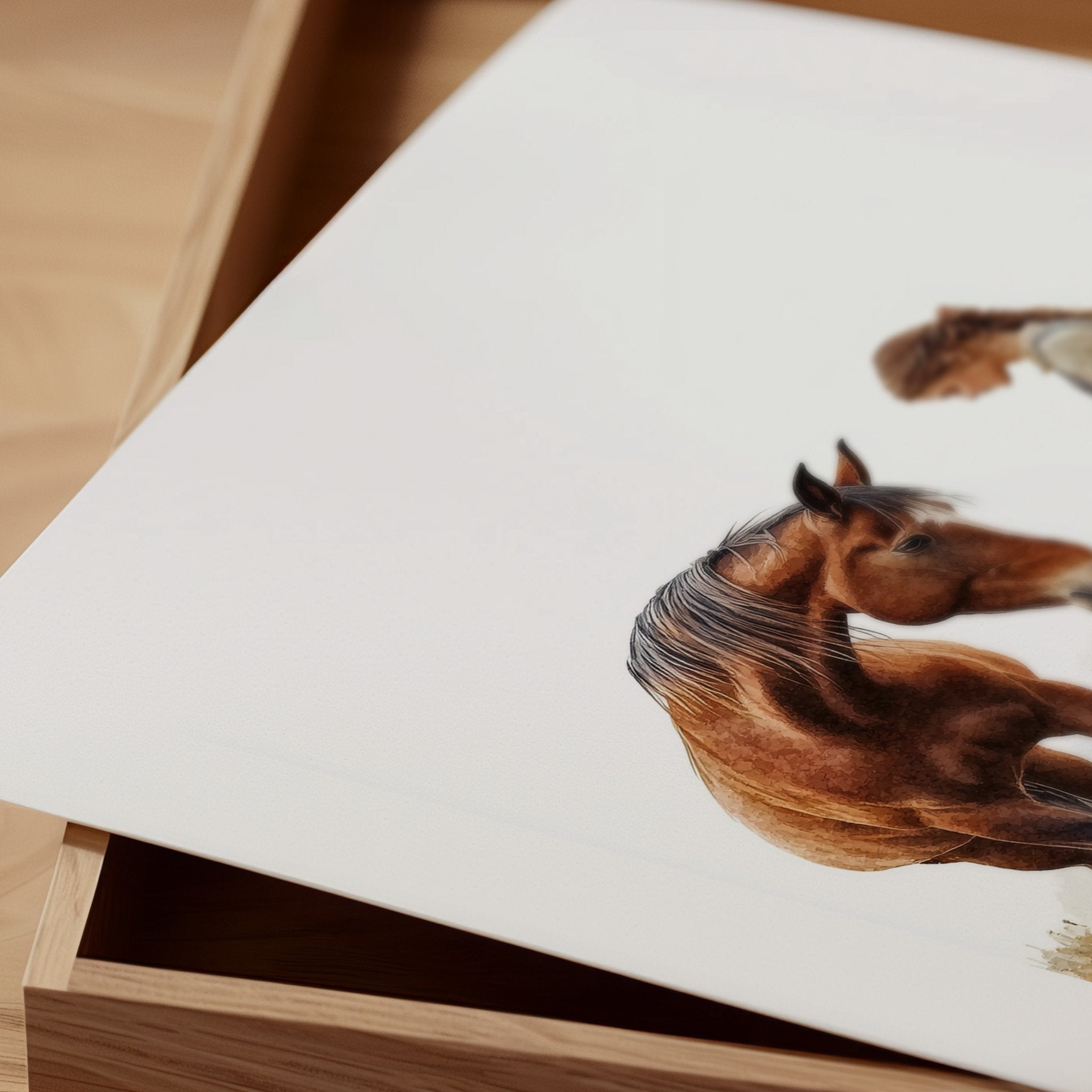 Serene vintage print of girl with horse in warm earth tones and sage greens, showcasing gentle interaction against white background with rustic wooden frame for farmhouse living spaces.