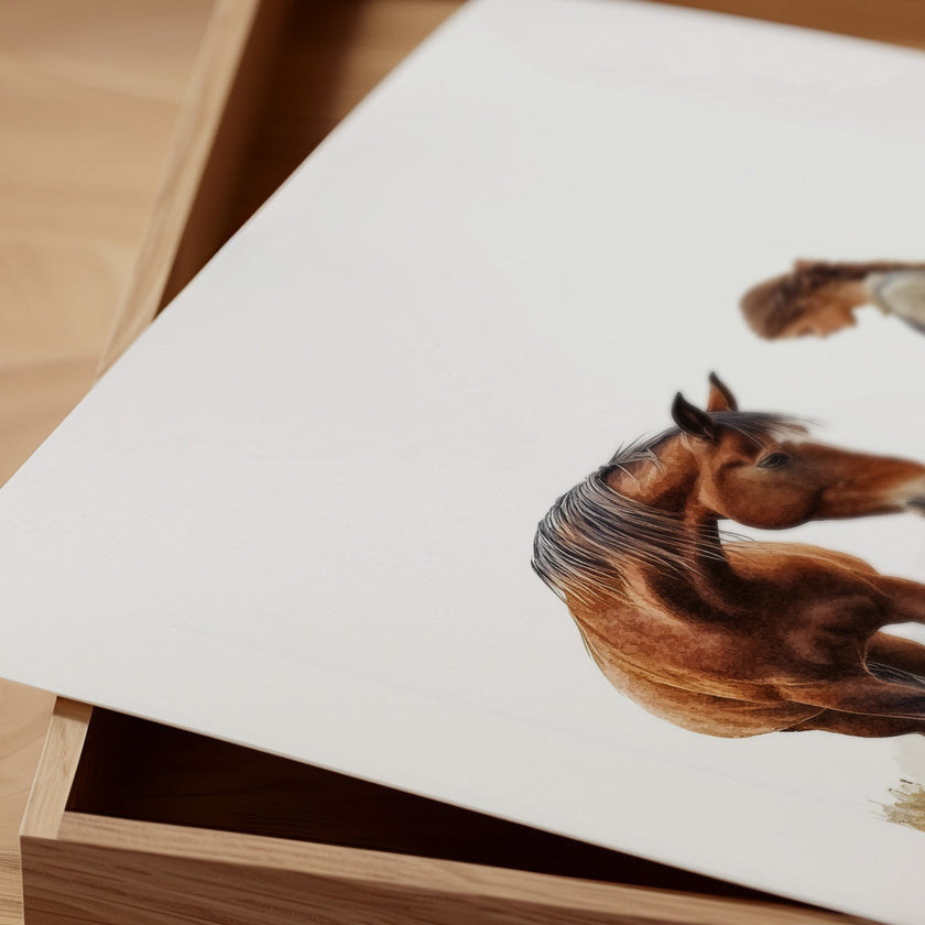 Serene vintage print of girl with horse in warm earth tones and sage greens, showcasing gentle interaction against white background with rustic wooden frame for farmhouse living spaces.