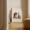 Serene vintage print of girl with horse in warm earth tones and sage greens, showcasing gentle interaction against white background with rustic wooden frame for farmhouse living spaces.