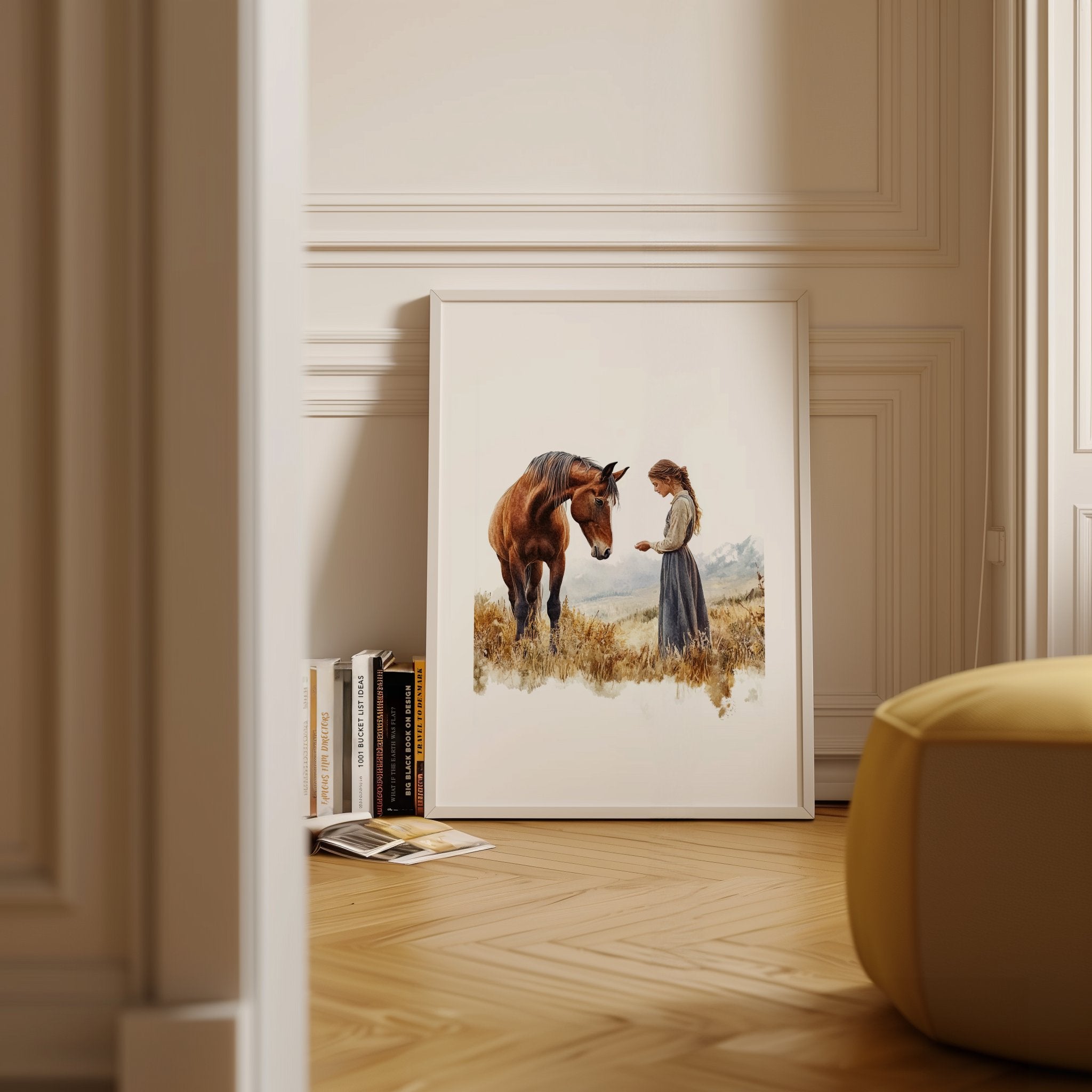Serene vintage print of girl with horse in warm earth tones and sage greens, showcasing gentle interaction against white background with rustic wooden frame for farmhouse living spaces.