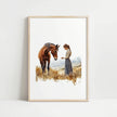 Serene vintage print of girl with horse in warm earth tones and sage greens, showcasing gentle interaction against white background with rustic wooden frame for farmhouse living spaces.