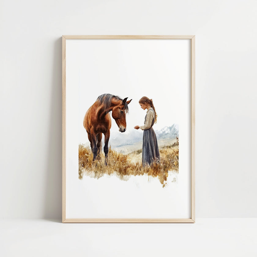 Serene vintage print of girl with horse in warm earth tones and sage greens, showcasing gentle interaction against white background with rustic wooden frame for farmhouse living spaces.