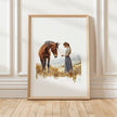 Serene vintage print of girl with horse in warm earth tones and sage greens, showcasing gentle interaction against white background with rustic wooden frame for farmhouse living spaces.