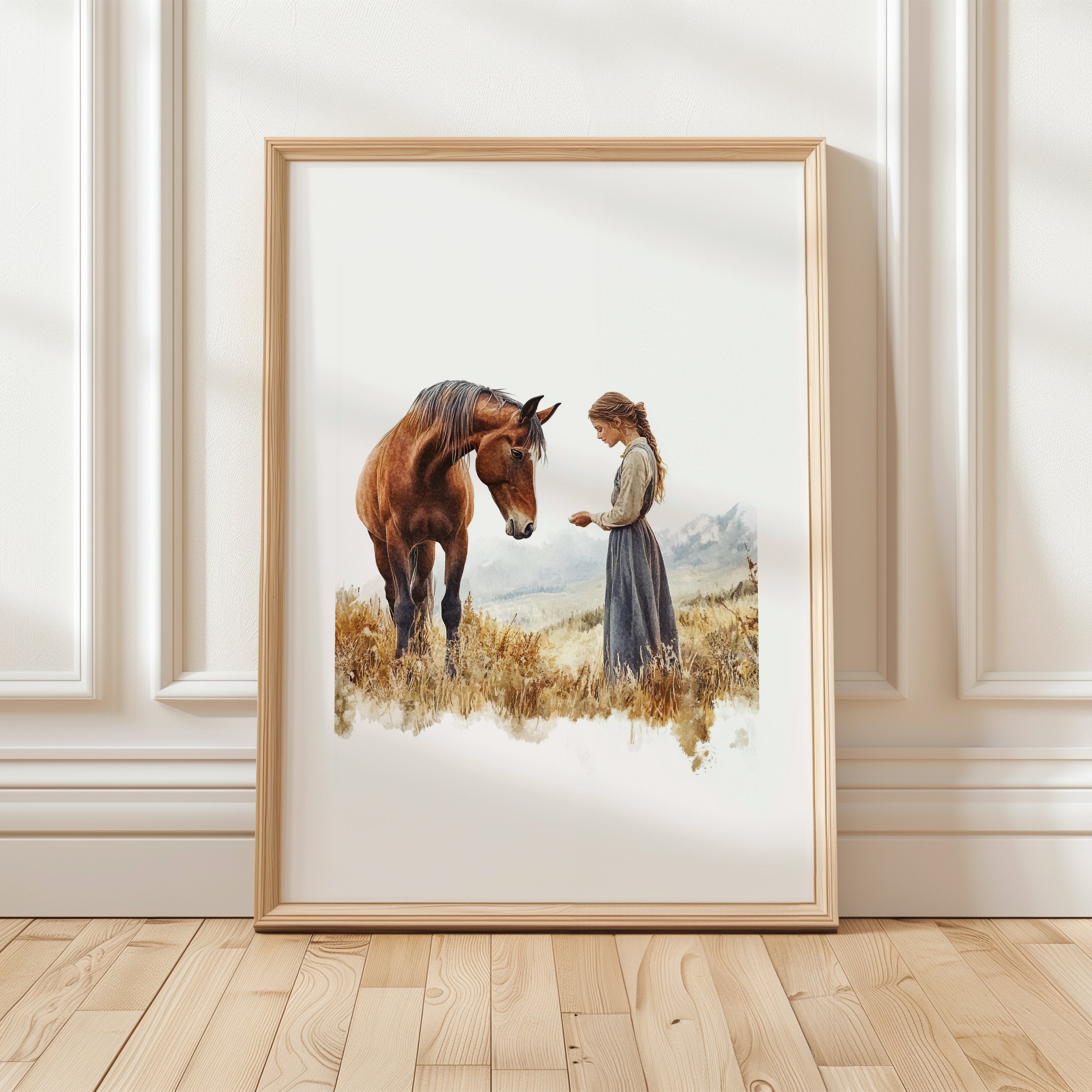 Serene vintage print of girl with horse in warm earth tones and sage greens, showcasing gentle interaction against white background with rustic wooden frame for farmhouse living spaces.